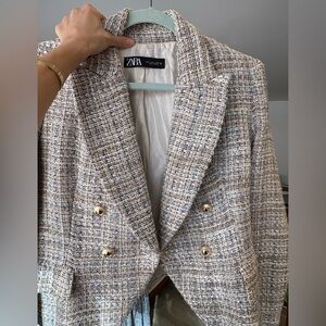 Zara Tweed Double-Breasted Blazer in Cream and Light Brown